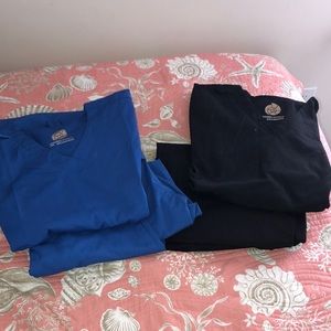 blue shirt, black shirt AND pants
